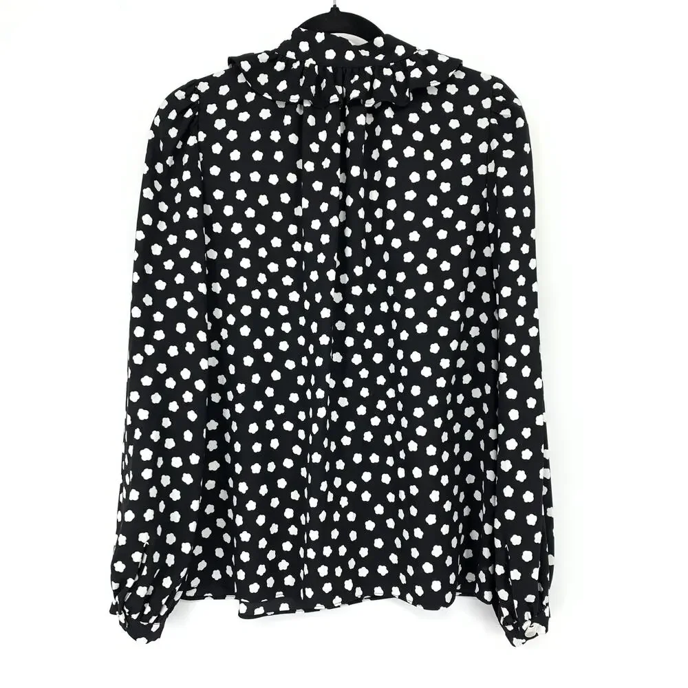 Kate Spade Cloud Dot Blouse Womens Size Small Ruffle Tie Neck Black White NEW